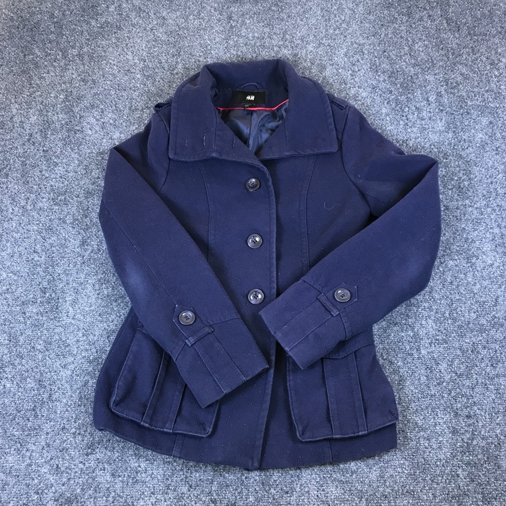 H&M Peacoat Womens 6 Navy Blue Stretch Single Breasted Button Front Winter Wear